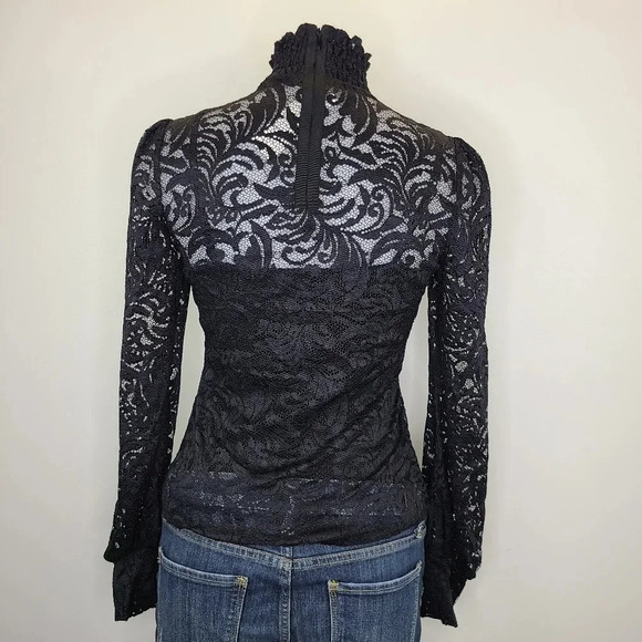 L'Agence Samara Black Sheer Lace Long Sleeve Bell Sleeve Turtleneck Top XS - Picture 9 of 16